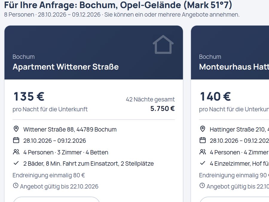 Zwei Angebote mit Preis, Adresse, Zimmern und Steckbrief